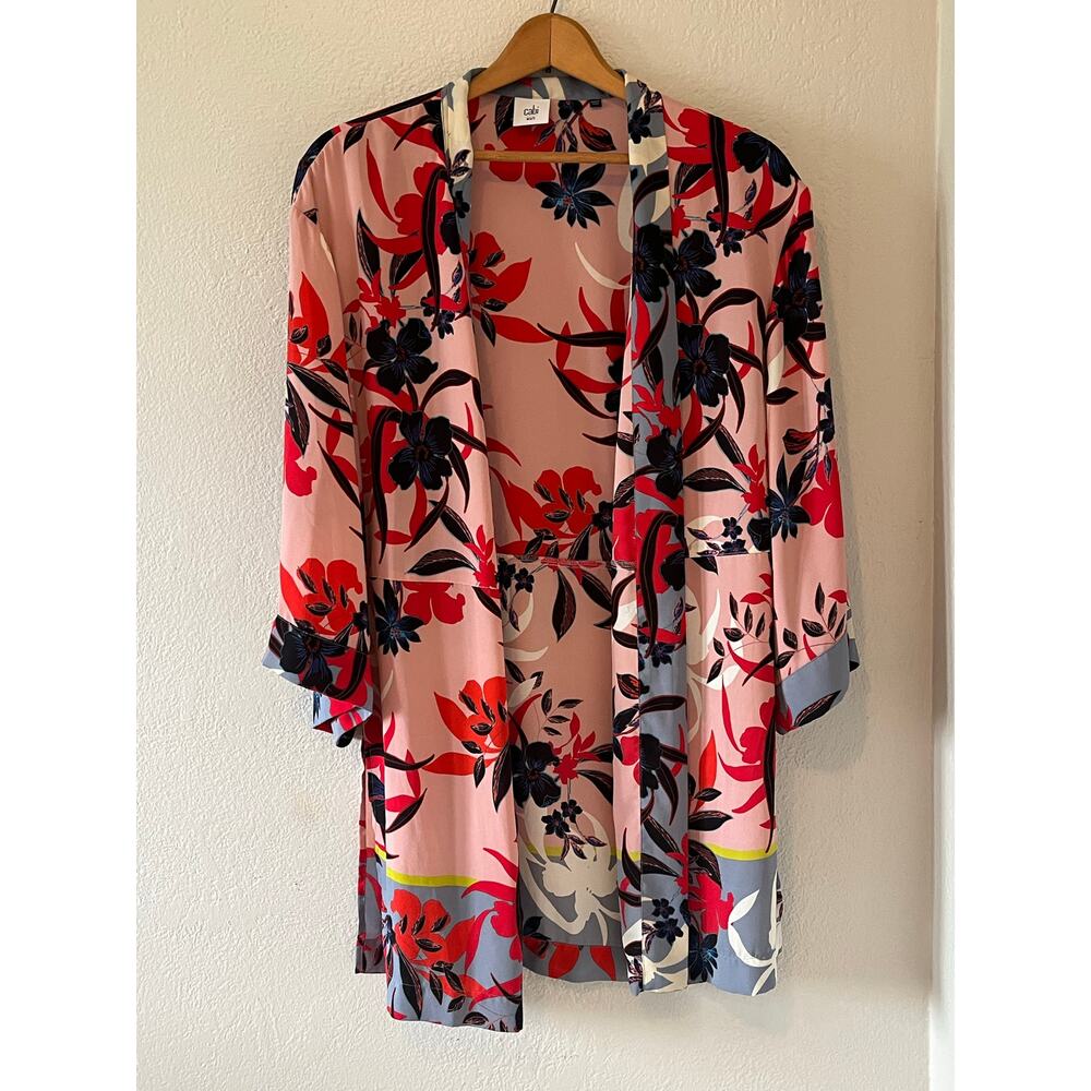 Womens CAbi Floral Print Open Front Blooming Blush Kimono Side Slit Wrap Sz XS/S